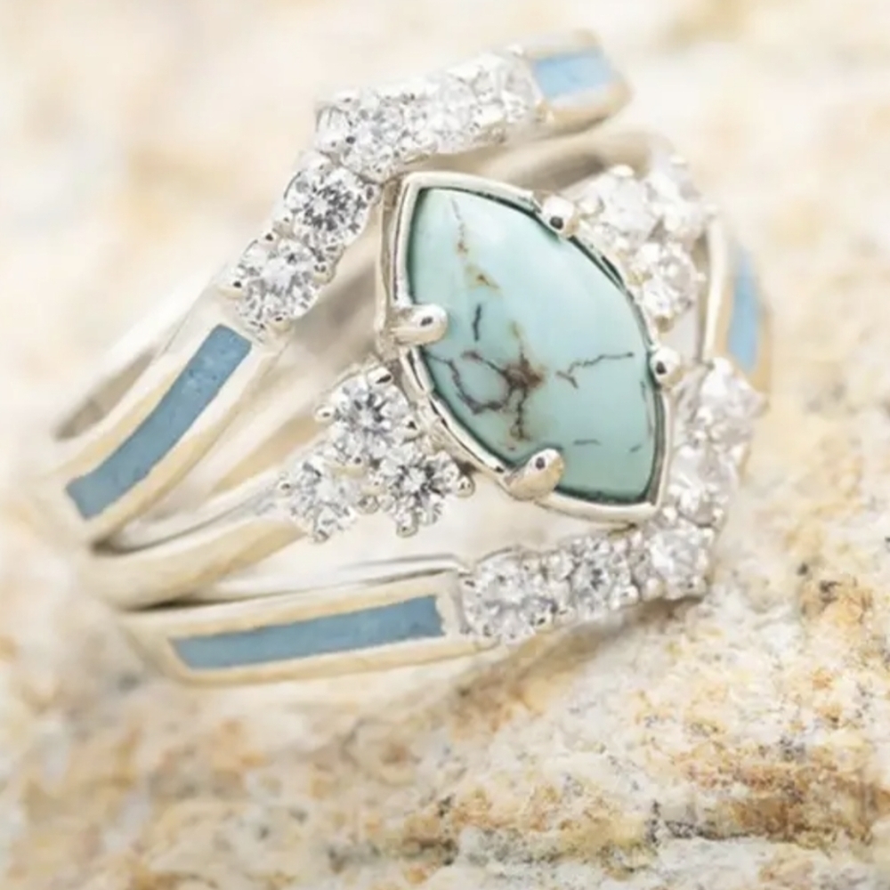 Turquoise Stone Ring Set Silver Tone Stackable Rings Boho Western Jewelry, T1B1C